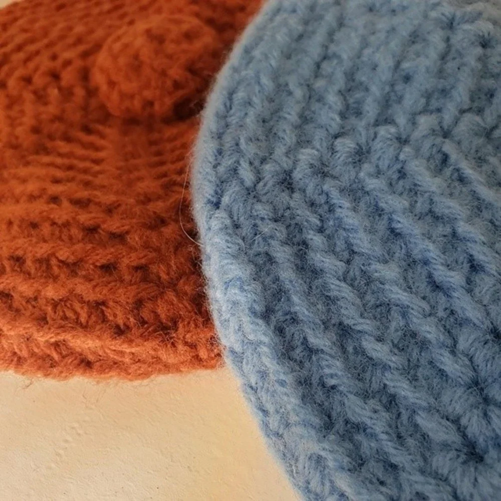 2 Knit Berets Kids Size Teen Baby Blue Rust Orange handmade handknit parisian